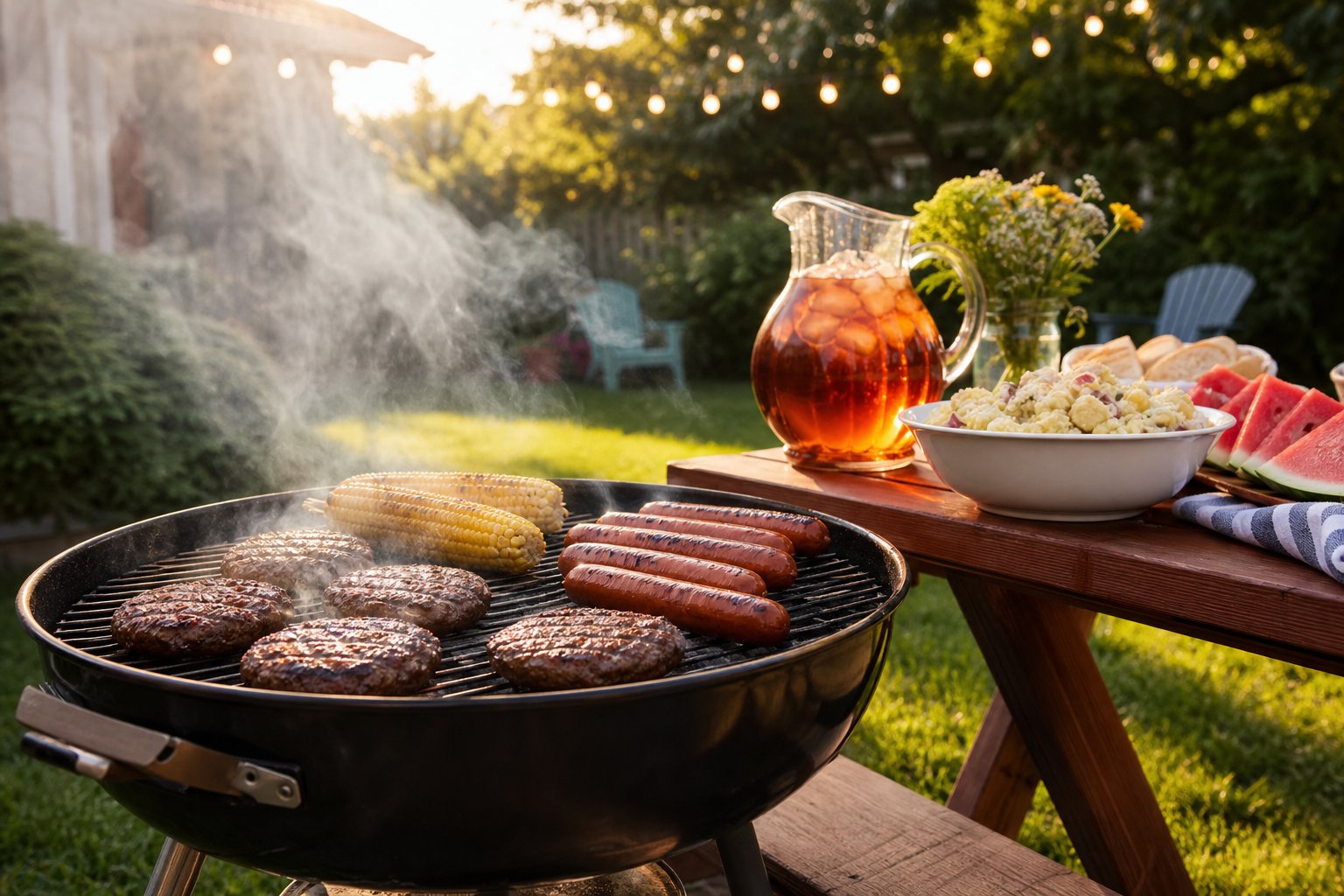 Summer Cookout Menu 2026: Complete Backyard BBQ Menu, Shopping List & Calories: backyard grill spread with burgers, corn and sides