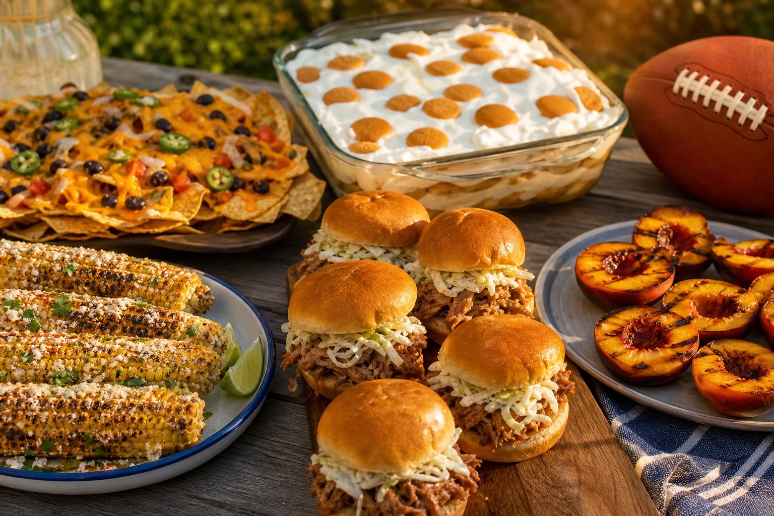 Labor Day Cookout Menu Ideas 2026: End-of-Summer Backyard Menu + Game-Day Twist: backyard grill spread with burgers, corn and sides