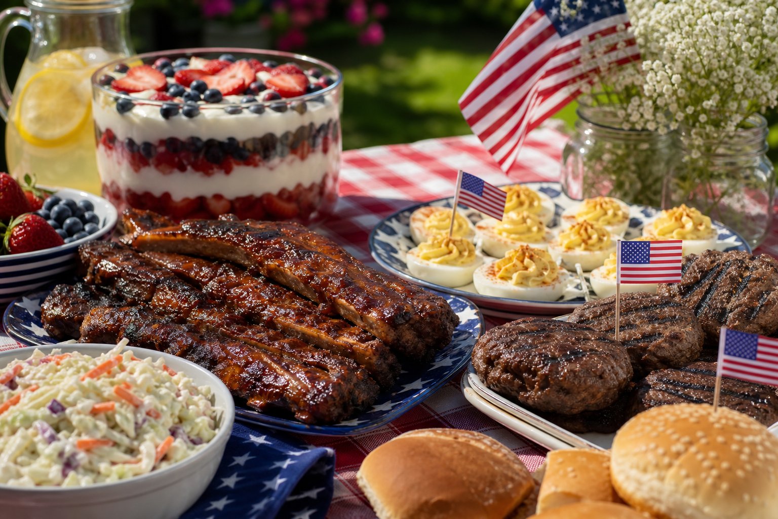 Memorial Day Cookout Menu 2026: Patriotic Backyard Menu, Recipes & Shopping List: backyard grill spread with burgers, corn and sides