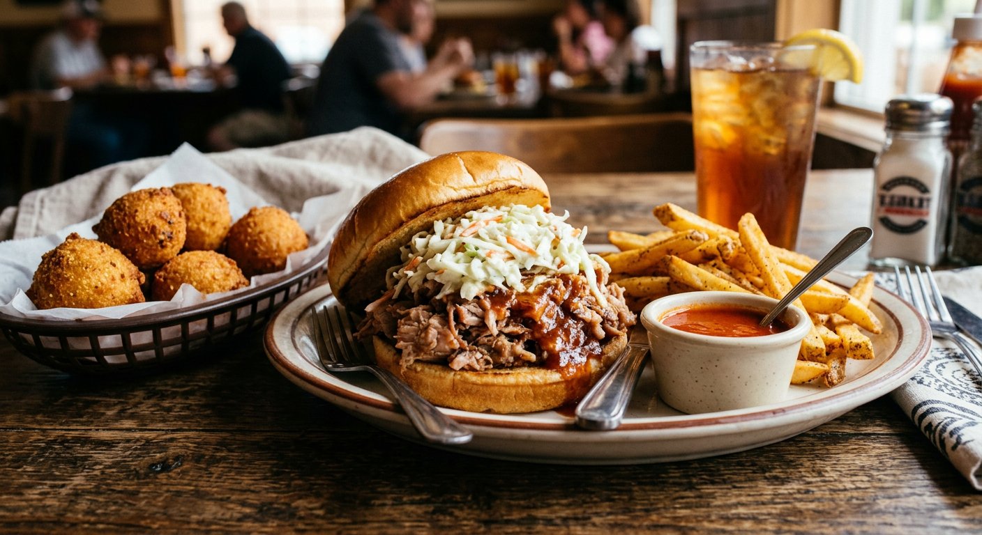 Cook Out BBQ menu photos: chopped pork sandwich with slaw and hushpuppies