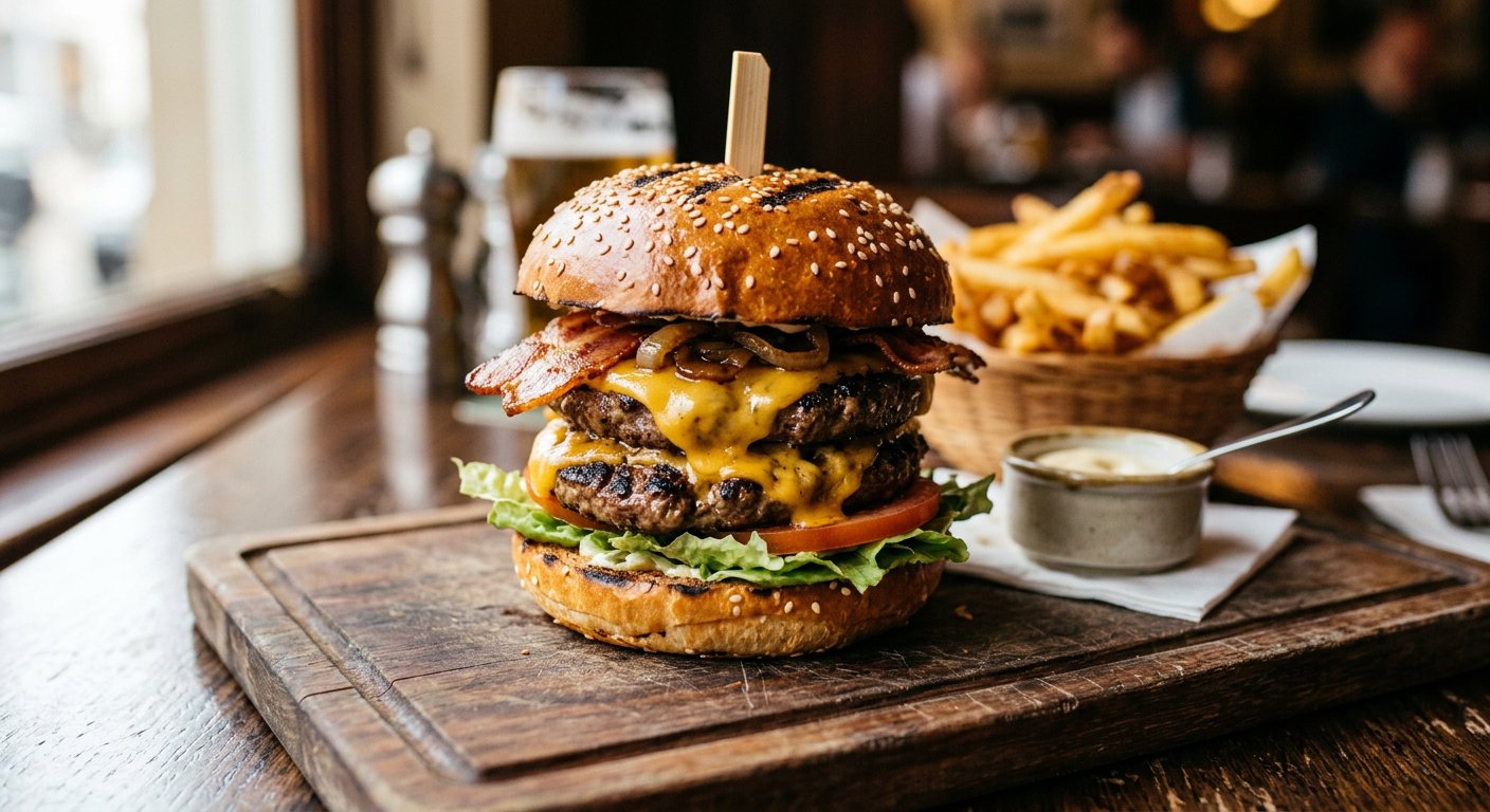 Cook Out char-grilled burger photos: Cheddar Style double burger with bacon