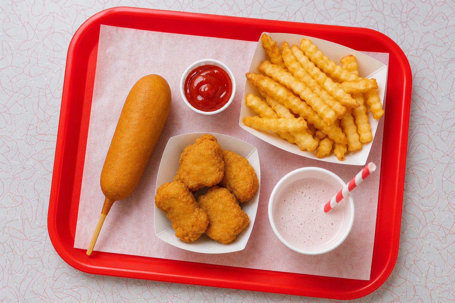Cook Out menu with pictures: Junior Tray kids meal with corn dog, chicken nuggets, fries and a shake