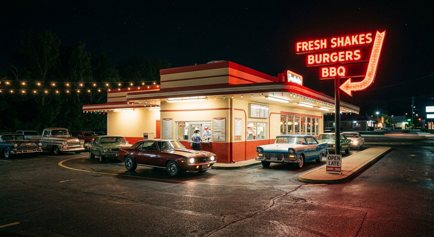 Cook Out menu restaurant at night: drive-thru lanes and neon sign