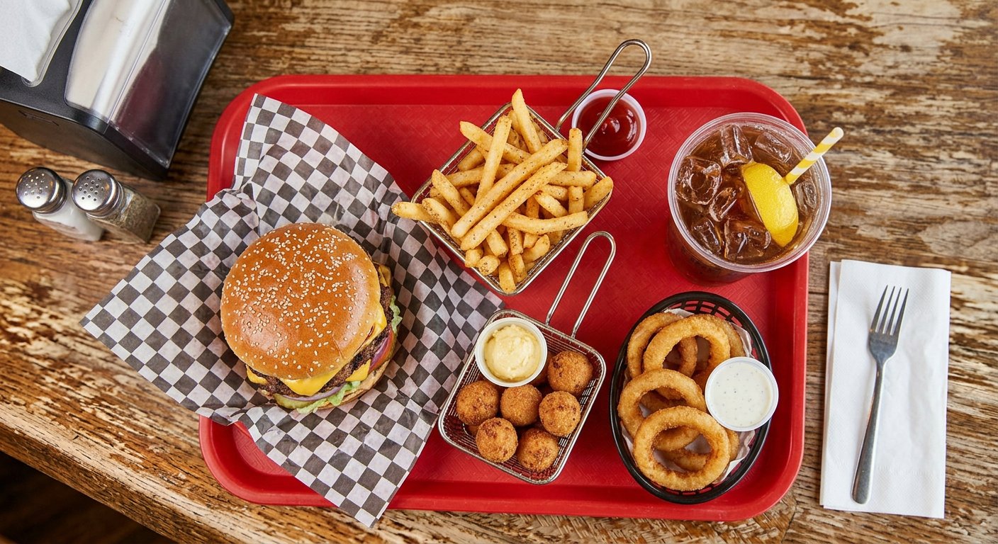 Cook Out menu with pictures: tray with burger, fries, hushpuppies and sweet tea